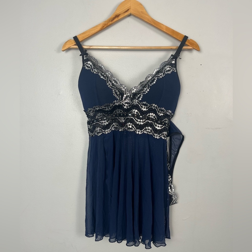 NWT Yandy.com Sexy Mesh Lace Lingerie Babydoll G-String Set size S Blue Silver